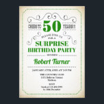 Invitación Sorpresa 50 cumpleaños - Negro blanco verde<br><div class="desc">Sorpresa 50 Invitación de cumpleaños Diseño retro en blanco verde con un fondo cremoso vintage. ¡Salud a 50 años! También se puede personalizar en cualquier año.</div>