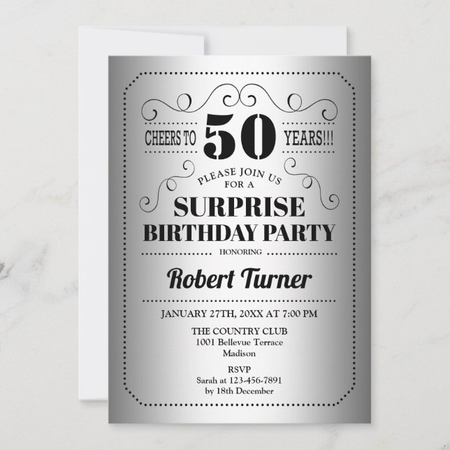 Invitación Sorpresa 50 cumpleaños - negro plateado (Anverso)