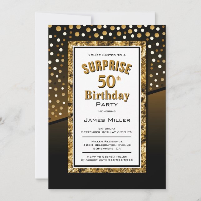 Invitación Sorpresa 50 cumpleaños negro y oro (Anverso)