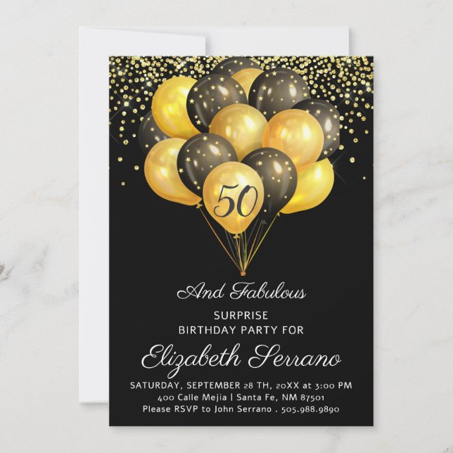 Invitación Sorpresa 50 cumpleaños Negro y Oro (Anverso)