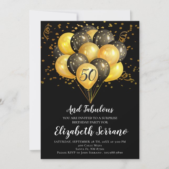 Invitación Sorpresa 50 cumpleaños Negro y Oro (Anverso)