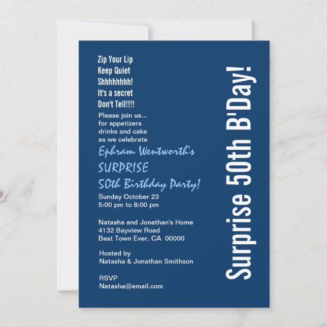 Invitación SORPRESA 50 cumpleaños partido moderno azul y blan (Anverso)