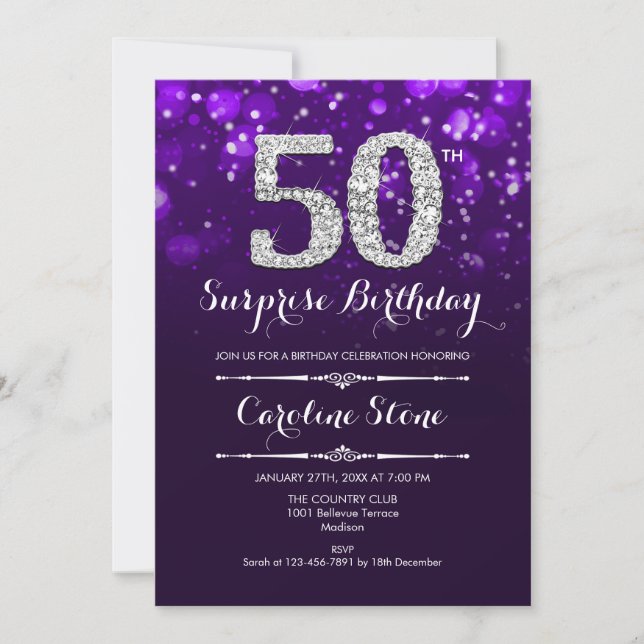 Invitación Sorpresa 50 cumpleaños - Plata púrpura (Anverso)