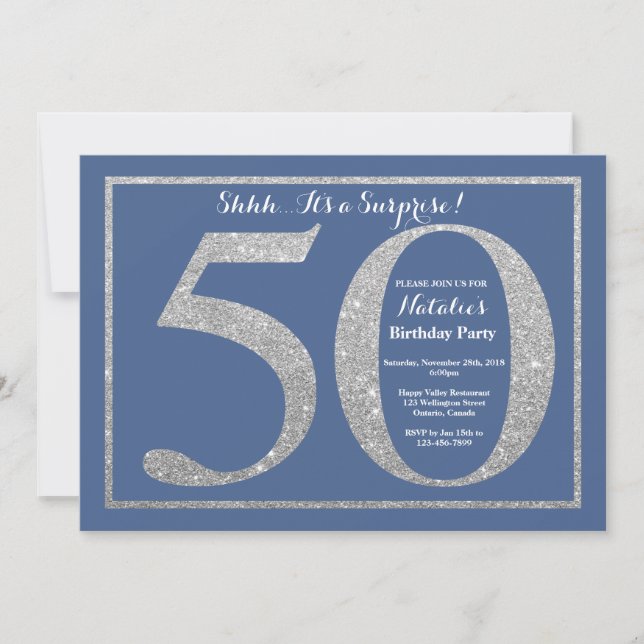 Invitación Sorpresa 50 cumpleaños Purpurina azul y plata (Anverso)