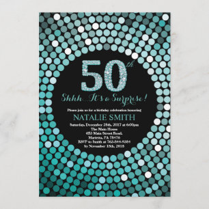 Invitación Sorpresa 50 cumpleaños Purpurina negro y Verde azu