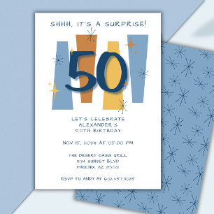 Invitación Sorpresa 50 cumpleaños Retro Azul de Medio siglo