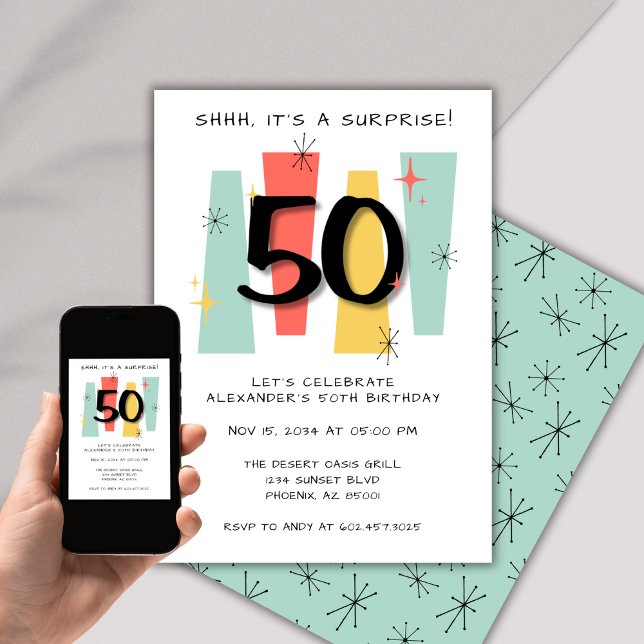 Invitación Sorpresa 50 cumpleaños Retro Medio siglo Moderno (Subido por el creador)