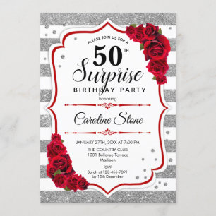 Invitación Sorpresa 50 cumpleaños - rojo blanco plateado