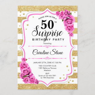 Invitación Sorpresa 50 cumpleaños - Rosa blanco dorado