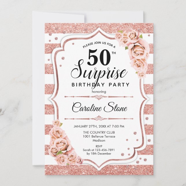 Invitación Sorpresa 50 cumpleaños - Rosa blanco Rosa de oro (Anverso)