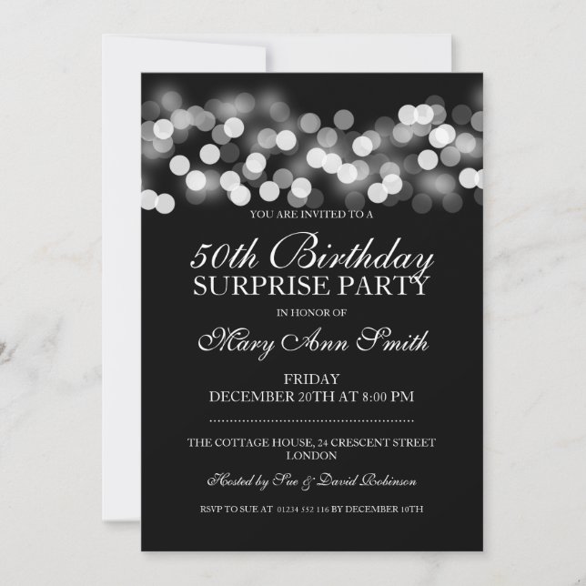 Invitación Sorpresa 50 cumpleaños Silver Hollywood Glam (Anverso)