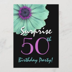Invitación Sorpresa 50 cumpleaños turquesa y margarita morada