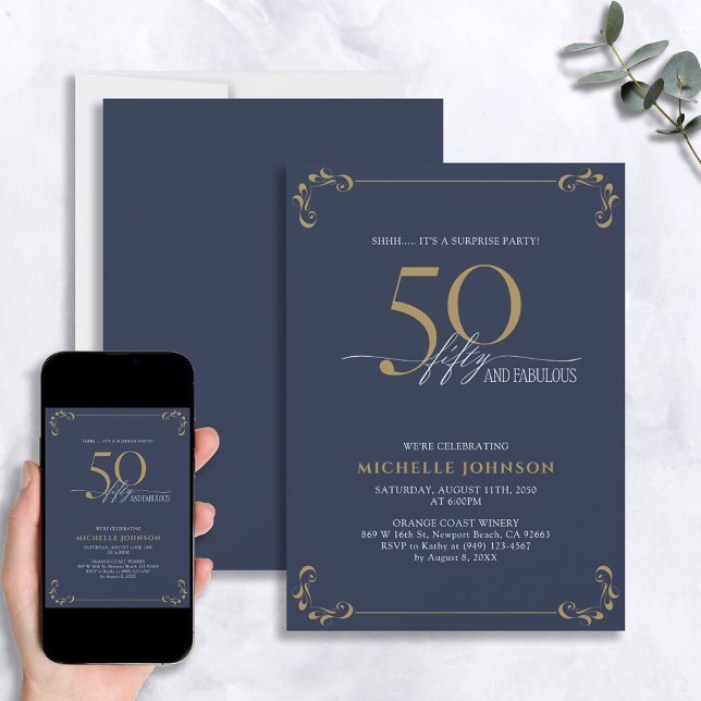Invitación Sorpresa 50 y fabuloso cumpleaños Blue White & Gol (Subido por el creador)
