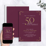 Invitación Sorpresa 50 y fabuloso cumpleaños de Borgoña y Oro<br><div class="desc">Es una sorpresa especial el 50 cumpleaños, ¡y es hora de celebrarlo! ¿Quieres lanzar el mejor bash de la ciudad? Asegúrese de que comienza con el más alto estilo con esta invitación de cumpleaños de 50 y Fabulosa caligrafía blanca y dorada de Borgoña. Seguramente marcará el tono para una celebración...</div>