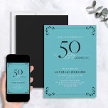 Invitación Sorpresa 50 y fabuloso cumpleaños turquesa y negro<br><div class="desc">Es una sorpresa especial el 50 cumpleaños, ¡y es hora de celebrarlo! ¿Quieres lanzar el mejor bash de la ciudad? Asegúrese de que comienza con el más alto estilo con esta invitación de cumpleaños de caligrafía turquesa 50 y Fabulosa. Seguramente marcará el tono para una celebración glamorosa. Esta bonita invitación...</div>