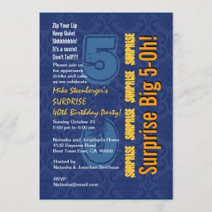 Invitación SORPRESA 50th Modern Birthday Blue and Gold R432