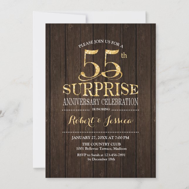 Invitación Sorpresa 55º Aniversario de Boda - Madera Dorada (Anverso)
