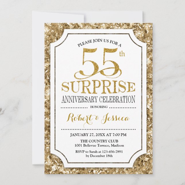 Invitación Sorpresa 55º Aniversario de Boda - Oro Blanco (Anverso)