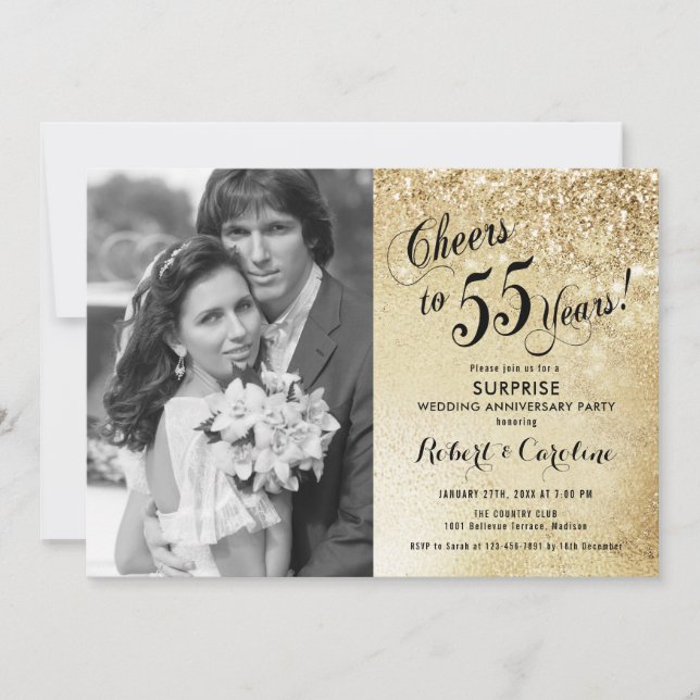 Invitación Sorpresa 55 Aniversario con Foto - Oro (Anverso)