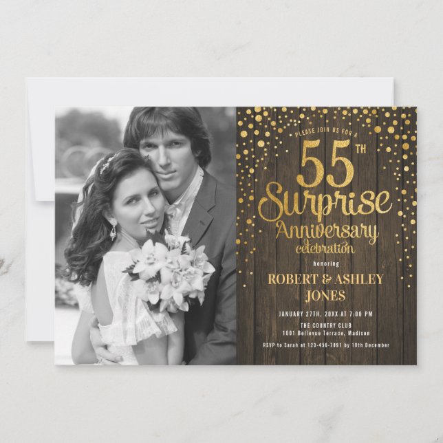 Invitación Sorpresa 55° Aniversario con foto - Oro Madera (Anverso)