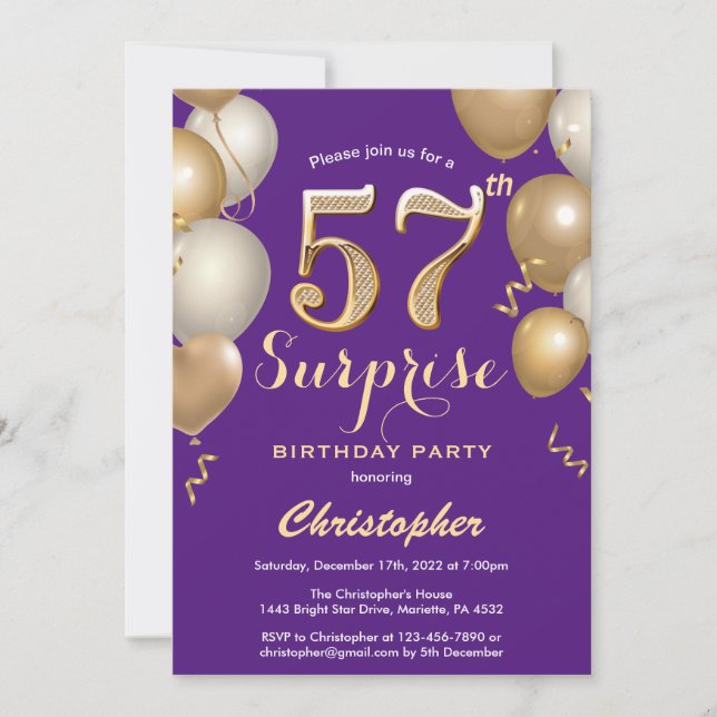Invitación Sorpresa 57.º cumpleaños Globos morados y de oro (Anverso)