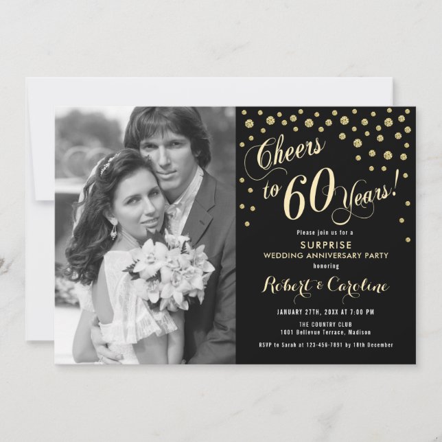 Invitación Sorpresa 60º aniversario con foto - Negro de oro (Anverso)