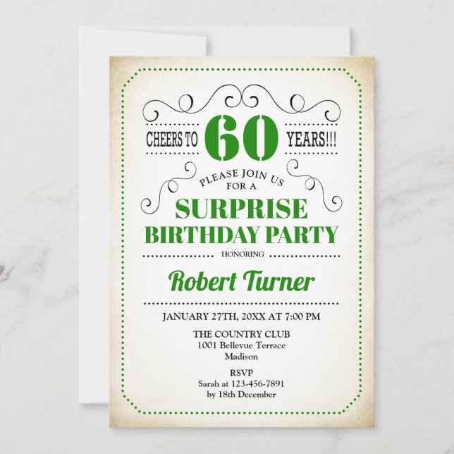 Invitación Sorpresa 60º cumpleaños - Blanco Verde Negro (Anverso)