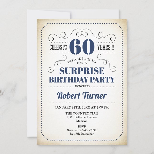 Invitación Sorpresa 60º cumpleaños - Negro blanco azul de la  (Anverso)
