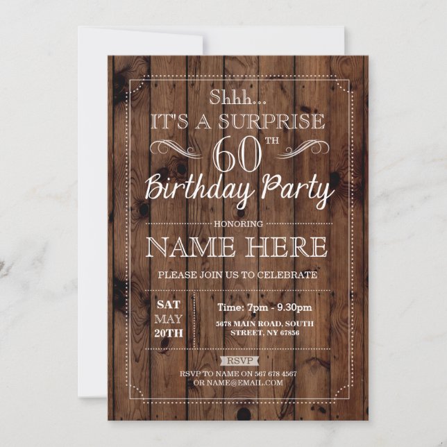 Invitación SORPRESA 60º Partido de Cumpleaños Rustic Wood 60  (Anverso)