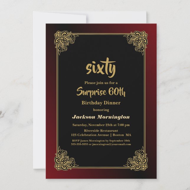 Invitación Sorpresa 60.ª cena de cumpleaños Oro Rojo Negro (Anverso)