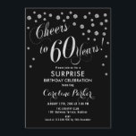Invitación Sorpresa 60.ª fiesta de cumpleaños - negro platead<br><div class="desc">Sorpresa 60th Birthday Party Invitation Elegante diseño con finas plata purpurina y negro. Presenta el tipo de letra del guión y el perfil. ¡Salud a 60 años! Mándame un mensaje si necesitas una edad personalizado.</div>