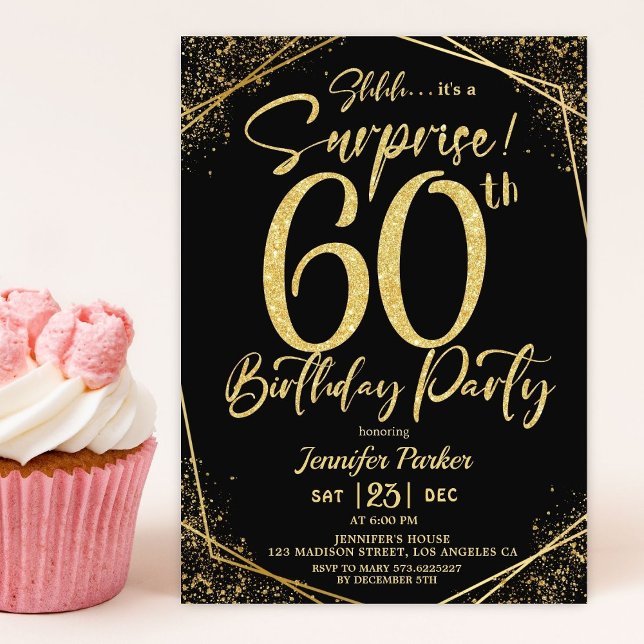 Invitación Sorpresa 60.ª fiesta de cumpleaños Purpurina negro (Subido por el creador)