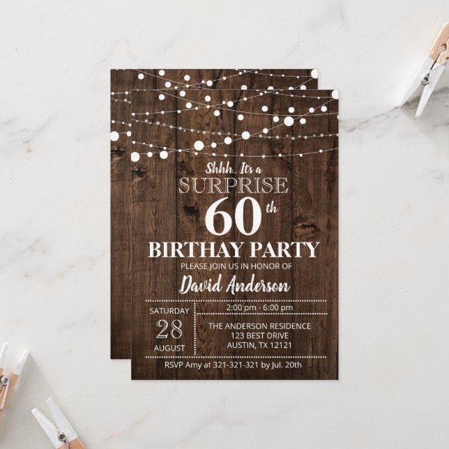 Invitación Sorpresa 60.ª Rústica de Cumpleaños (Anverso/Reverso In Situ)