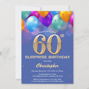 Invitación Sorpresa 60.º Balón Azul y Oro de cumpleaños