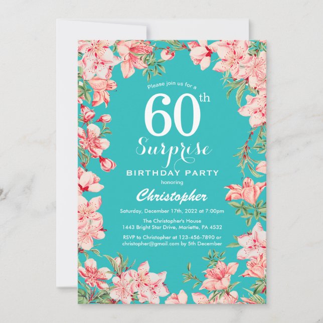 Invitación Sorpresa 60.º cumpleaños Flores de flores rosadas  (Anverso)
