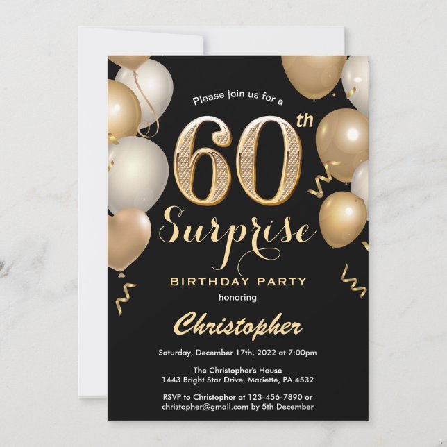 Invitación Sorpresa 60.º cumpleaños Globos de oro y negro (Anverso)
