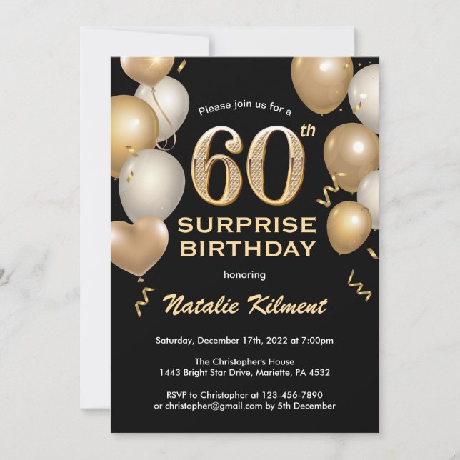 Invitación Sorpresa 60.º cumpleaños Globos de oro y negro (Anverso)