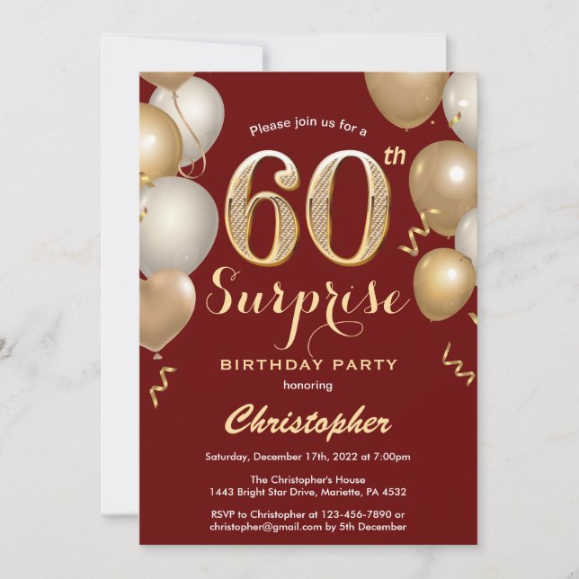 Invitación Sorpresa 60.º cumpleaños Globos de oro y rojo oscu (Anverso)