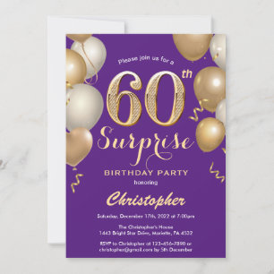 Invitación Sorpresa 60.º cumpleaños Globos morados y de oro