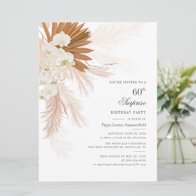 Invitación Sorpresa 60.º Fiesta tropical de cumpleaños sorpre (Anverso de pie)