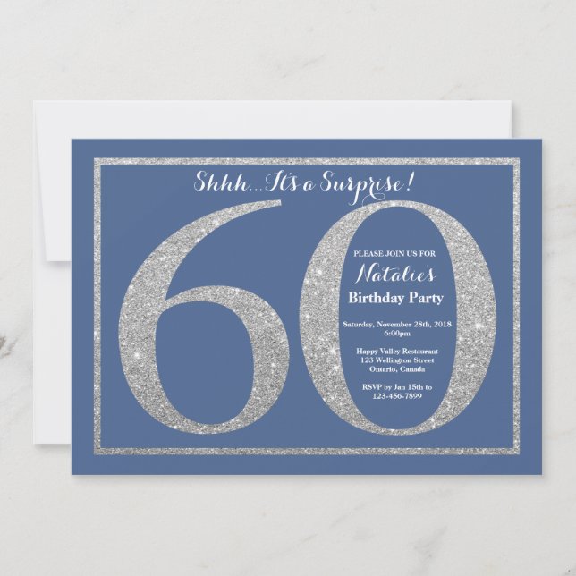 Invitación Sorpresa 60.º Purpurina de cumpleaños azul y plata (Anverso)