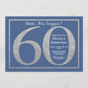 Invitación Sorpresa 60.º Purpurina de cumpleaños azul y plata