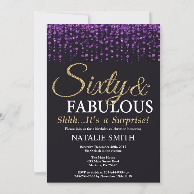 Invitación Sorpresa 60.º Purpurina de cumpleaños Morado y Oro (Anverso)