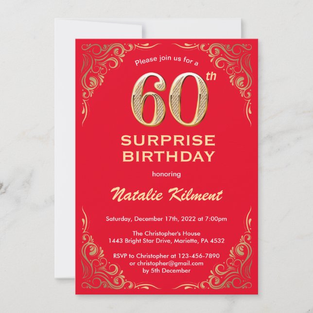 Invitación Sorpresa 60.º Purpurina de oro y rojo (Anverso)