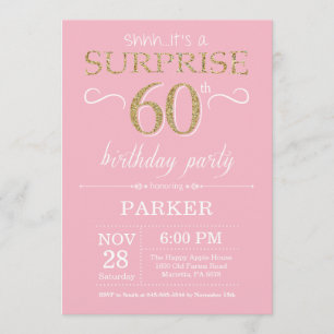 Invitación Sorpresa 60.º Purpurina de oro y rosado por cumple