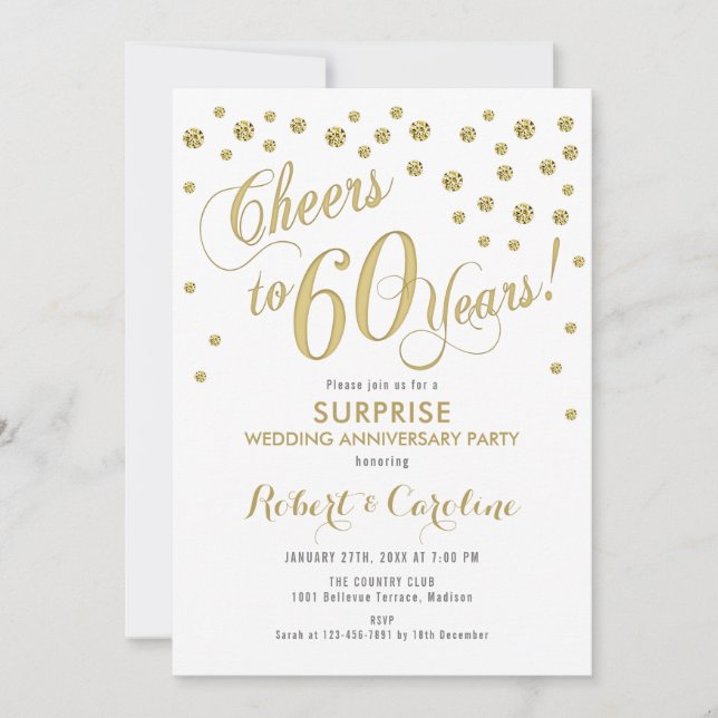 Invitación Sorpresa 60 Aniversario de Boda - Blanco y Dorado (Anverso)