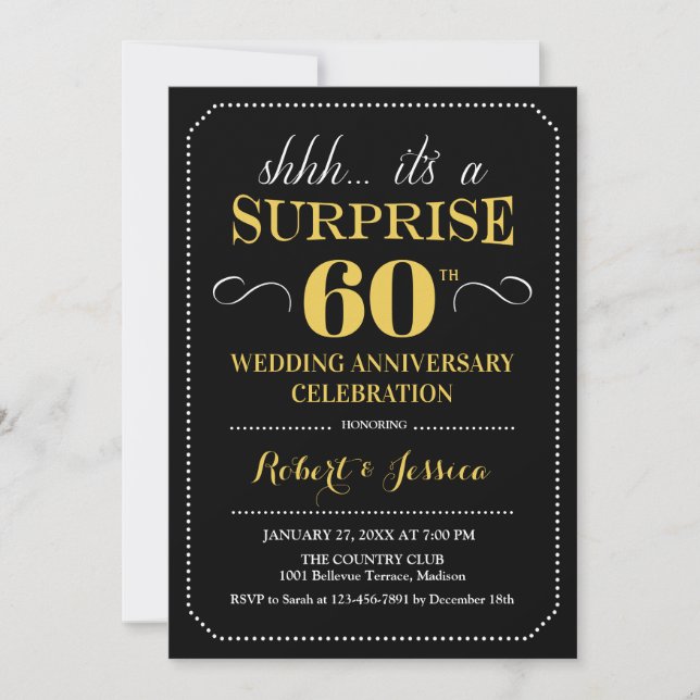 Invitación Sorpresa 60 Aniversario de Boda - Negro Oro (Anverso)