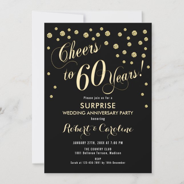 Invitación Sorpresa 60 Aniversario de Boda - Negro y Dorado (Anverso)
