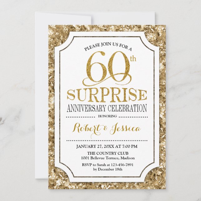Invitación Sorpresa 60 Aniversario de Boda - Oro Blanco (Anverso)