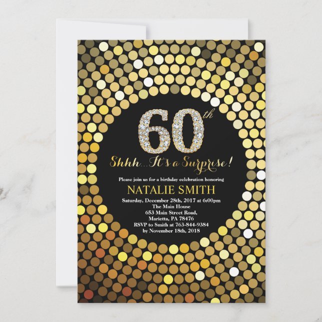 Invitación Sorpresa 60 años Purpurina negro y oro